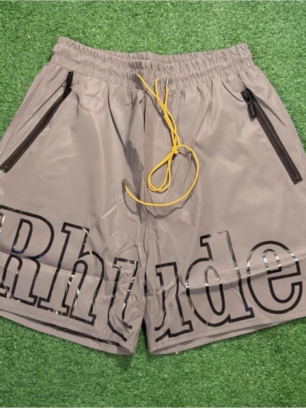 Rhude Taupe Athletic Shorts with Yellow Drawcord